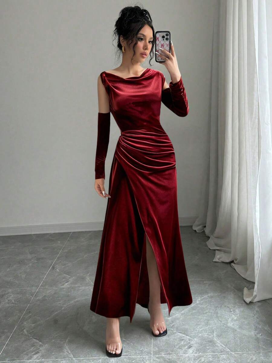 SHEIN Belle Vestido de mujer elegante y formal de Navidad de terciopelo con parches y volantes en el cuello, ajustado y entallado, color rojo burdeos, elegante y lujoso, con encaje de lentejuelas transparente, empalme de terciopelo, falda sirena con cola, manga larga, ideal para bodas, fiestas, bailes de graduación y eventos formales (versión resistente), vestido de noche, para invitadas de boda, graduación y cenas - Rojo - Ver 1