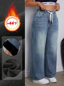 SHEIN EZwear Plus Size Casual Drawstring Waist Side Pockets Loose Straight Leg Warm Denim Thermal Jeans Thickened Denim - Medium Wash - View 1
