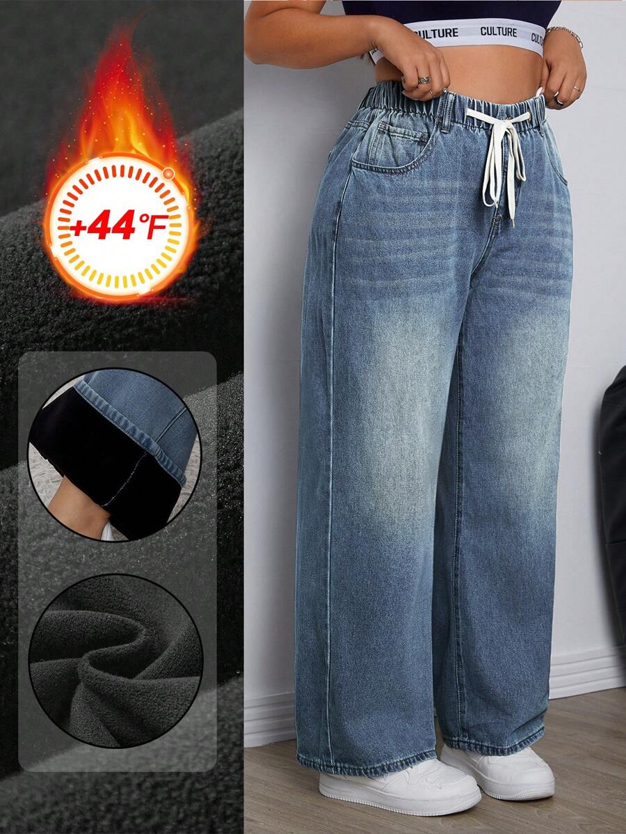 SHEIN EZwear Plus Size Casual Drawstring Waist Side Pockets Loose Straight Leg Warm Denim Thermal Jeans Thickened Denim - Medium Wash - View 1