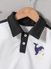 Bộ 2 món/Bộ áo nỉ dài tay cổ polo in hình cá voi dễ thương cho bé trai và quần nỉ, phù hợp cho mùa thu/đông - Đen và trắng - Xem 4