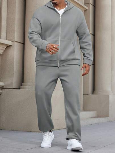 Manfinity CasualCool Set de toamnă cu hanorac și pantaloni de trening, casual, cu guler înalt și fermoar, pentru bărbați, mărime plus, pentru bărbați, costum de trening, seturi casual pentru bărbați