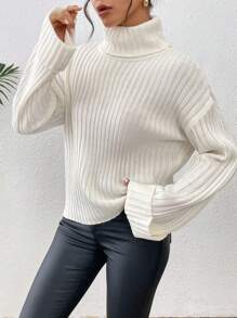 Chiquease 1件女士休闲纯色宽松领喇叭袖套头毛衣，适合秋冬季针织套头衫 - 白色 - 查看 5