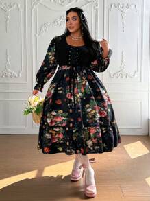 Flirla 大码女童复古风泡泡袖花卉印花喇叭 A 字形连衣裙，带方领和紧身胸衣细节 - 彩色 - 查看 4