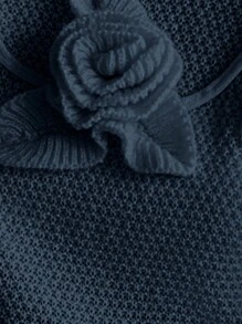 RosyDaze Floral Applique Solid Color High Neck Elegant Long Sleeve Pullover Sweater Knit Pullover Fall Winter - Navy Blue - View 5