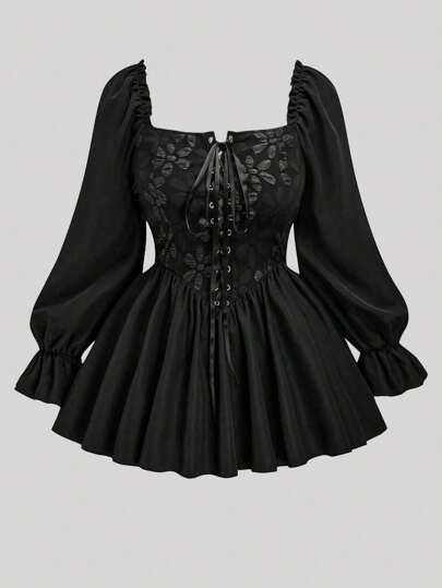 Sweetra Square Collar Puff Sleeve Waisted A-Line Patchwork Jacquard Blouse Peplum Top Fall Cloth For Women