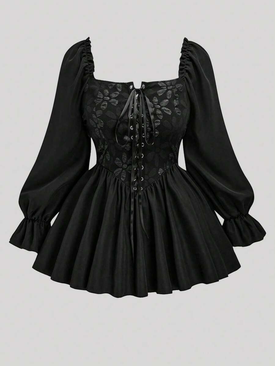 Sweetra Blusa peplum de manga abullonada, cuello cuadrado, cintura ceñida y con diseño de patchwork en jacquard