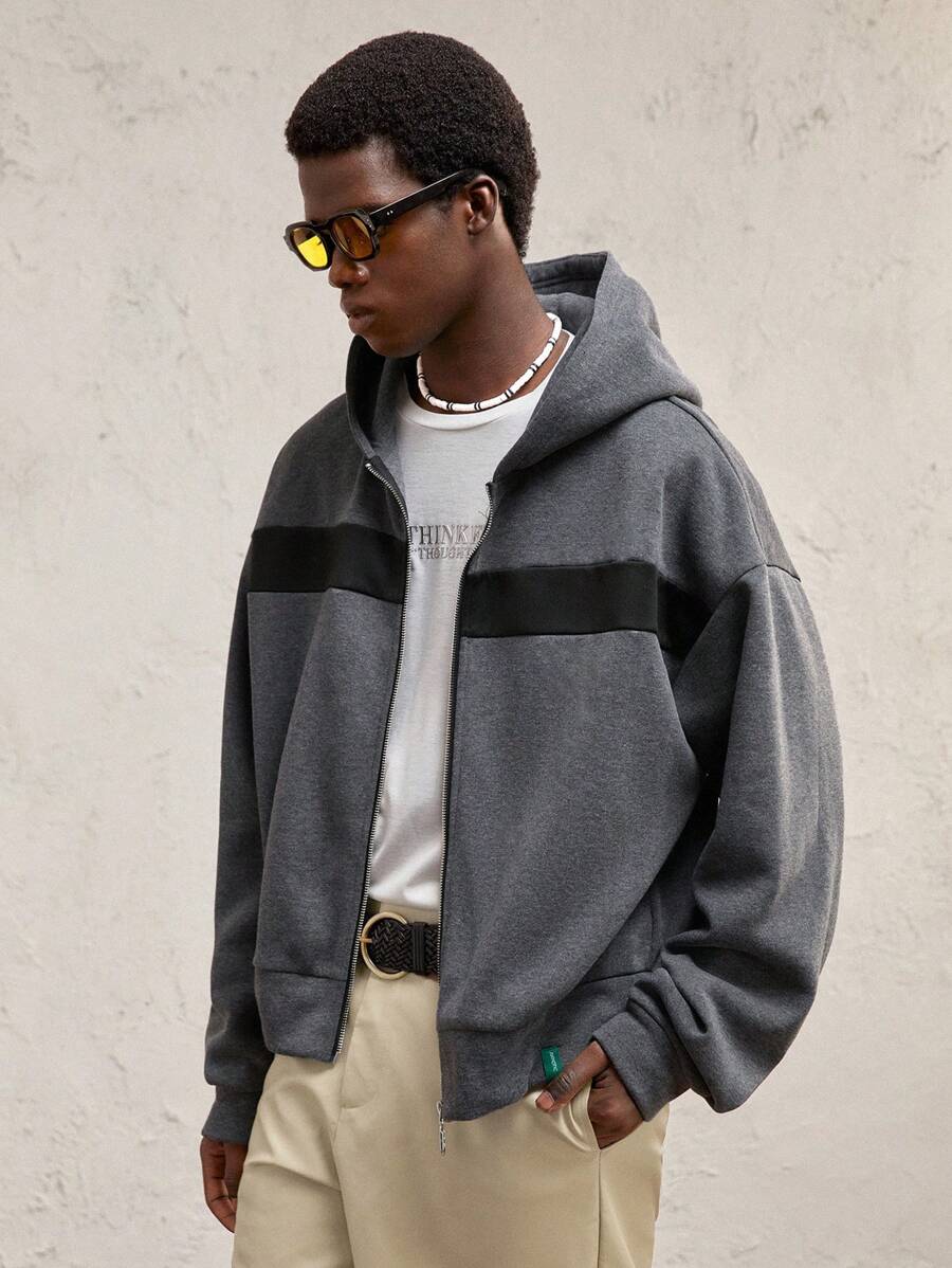 AKNOTIC Business Casual Sudadera con capucha de ajuste relajado para hombres con bloques de colores y forro térmico, adecuada para otoño e invierno, uso diario con etiqueta de logotipo - Gris Oscuro - Ver 1