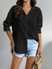 SHEIN PETITE Women's Solid Color Pleated Back Detail Casual Shirt - Black - View 3
