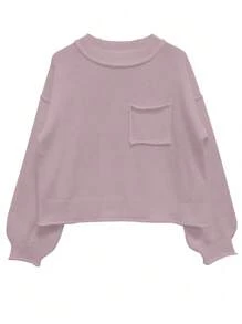 SHEIN LUNE Autumn New Solid Color Frayed Pocket Long Sleeve Top Women Casual Pullover Sweater