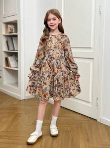 SHEIN Serisse Kids Tween Girls Floray Printed Puffy Long Sleeve With Ruffle Round Neck Dress, For Autumn Winter Daily Wear