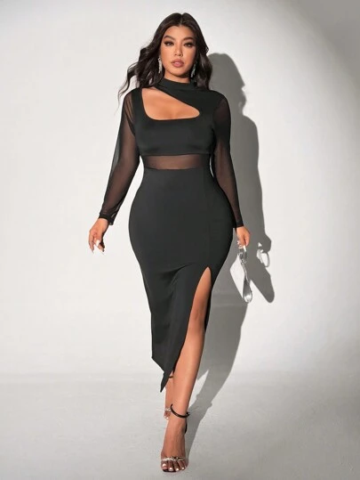 Viva Relle Plus Size Black Mesh Contrast Cutout High Slit Dress Maxi Women Outfit Fall Cloth For Women