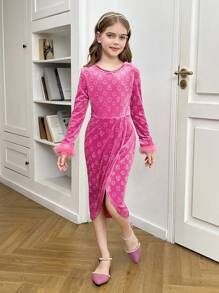 Tween Girl Burgundy Velvet Bow Embossed Long Sleeve High Collar Puff Cuff Hem Design Elegant Fit & Flare Christmas Party Dress, Autumn/Winter - Hot Pink - View 4