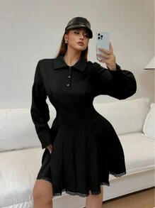 Flirla فستان ضيق الخصر أكمام طويلة بتصميم إسلوب المدرسة الفرنسية للمرأة البدينة