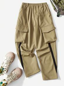 SHEIN Outdoor Casual Style Tween Girl Clothes Girls Utility Pants, Contrast Color Trim Loose Fit Long Trousers For Outdoor Play, City Street, Daily Wear - Khaki - View 3