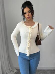 Chiquease Jersey ajustado de cuello redondo con volantes y mangas campana en color liso otoñal