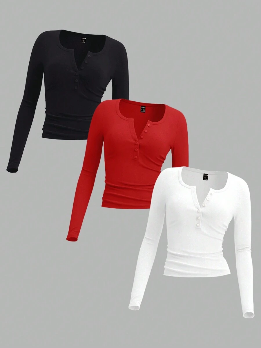 SHEIN EZwear 3pcs/Pack Women Plus Size Casual Minimalist Knit Crew Neck Long Sleeve T-Shirt Tops, Suitable For Autumn/Winter - Multicolor - View 1
