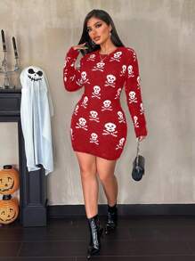 Zolique New Halloween Skull Pattern Bodycon Plush Crew Neck Long Sleeve Distressed Sweater Dress Fall Cloth For Women - Red - View 3