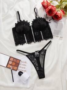 Tương phản ren lấp lánh băng nội y Bra & Panty Bộ đồ lót gợi cảm - màu đen - Xem 7