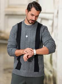 Manfinity Homme Pull col rond casual à manches longues avec graphique en couleur contrastée et bloc de couleur pour hommes, pour le travail et entre amis - Gris - Voir 5