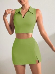 Easithlete Solid Color Slim Fit Cropped Tank & Skirt Shorts Sports Set