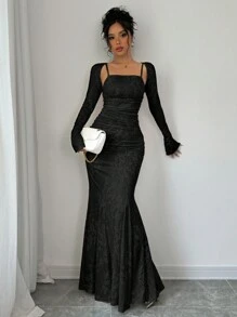 Selianne 女士蕾丝假肩带褶皱连衣裙和长袖开衫优雅 2 件套（随机剪裁） - 黑色 - 查看 3