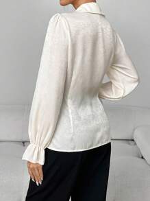 SHEIN Unity 女式正面纽扣纯色长袖衬衫，休闲日常穿着荷叶边上衣 - 米色 - 查看 2
