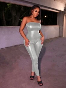 Slaydiva Summer Music Festival Casual Tube Top Black PU Trousers Women's Tight Jumpsuit-G - Silver - View 5
