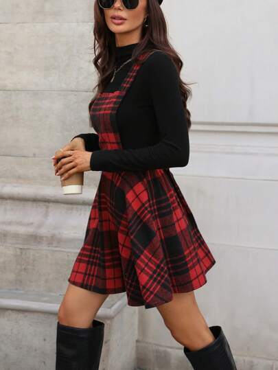 LanaWest 女式红色格子节日圣诞新年吊带连衣裙