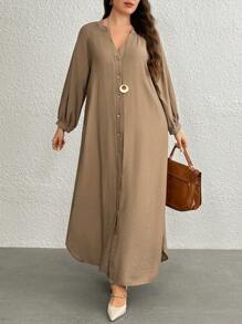 SHEIN LUNE Vestido casual largo de manga larga con botones frontales y escote en V de unicolor para mujer de talla grande