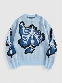 ROMWE MEN Street Life Jersey de cuello redondo casual de hombre con estampado de huesos