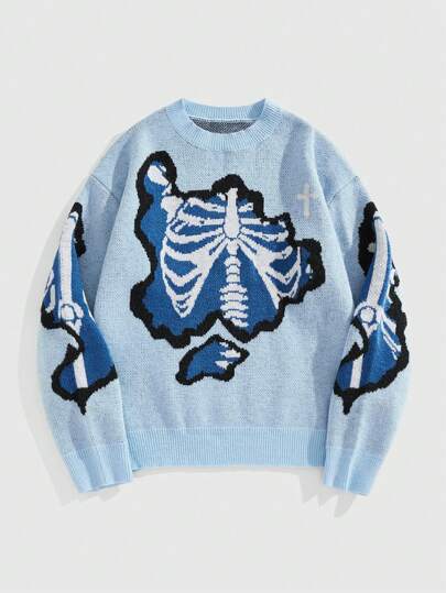 Street Life Jersey casual de cuello redondo con estampado de huesos para hombre, para otoño e invierno