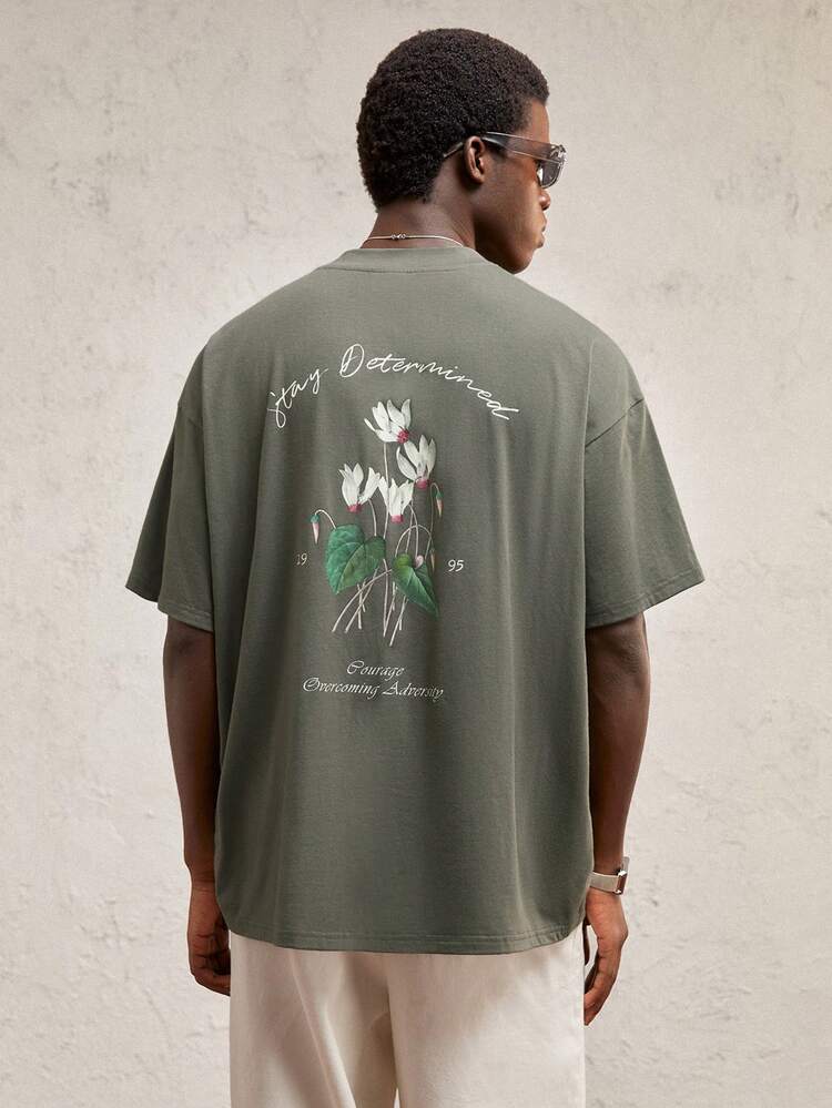 Men Knitted Floral Pattern Print Loose Drop Shoulder Crew Neck Urban Short Sleeve Casual T-Shirt, Suitable For Summer, Old Money, Boyfriend Gift