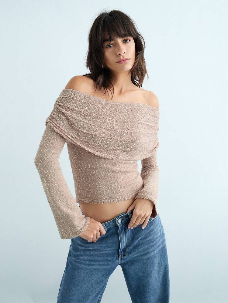 SHEIN Maija New Elegant Modern Urban Party Festival Vintage Casual Khaki Sweater With Off Shoulder Design For Women, Autumn/Winter