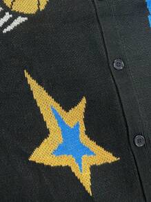 Manfinity Hypemode Men's V-Neck Button Front Long Sleeve Cardigan With Letter & Graphic Print - Black - View 6