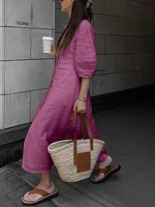 INAWLY Women's Solid V-Neck Button-Up Slim Fit Casual Dress