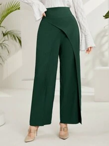 Mulvari Quần dài lưng cao màu trơn cho nữ, trang phục thường ngày - Màu xanh lá cây đậm - Xem 7