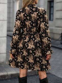SHEIN Clasi Robe à manches longues avec imprimé floral, col lavallière et ceinture à la taille