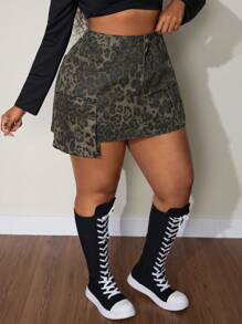 Slaydiva Plus Size Front Button Pockets Simple Casual Denim Leopard Print Cargo Skirt - Multicolor - View 4