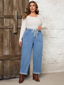 SHEIN LUNE Plus Size Women Drawstring Waist Pockets Straight Leg Loose Casual Denim Jeans - Light Wash - View 3