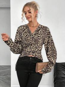 Chiquease Women's Leopard Print Unique Design Long Sleeve Crossed Blouse Fall Cloth For Women - Coffee Brown - View 5