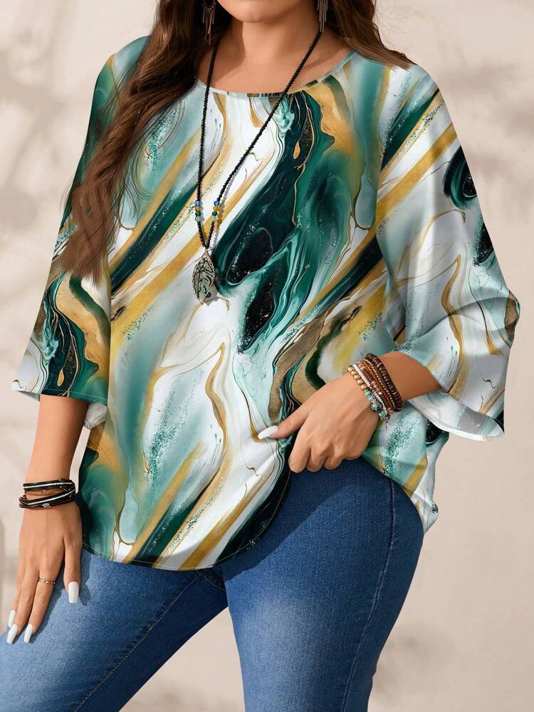 Plus Size Women Casual Water Wave Full Print Round Neck Loose 3/4 Sleeve Shirt, ,Spring/Summer/Vacation