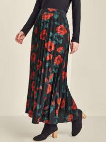SHEIN Clasi Elegant Rose Print Pleated A-Line Skirt Fall Cloth For Women - Red - View 5