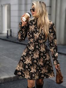 SHEIN Clasi Robe à manches longues avec imprimé floral, col lavallière et ceinture à la taille