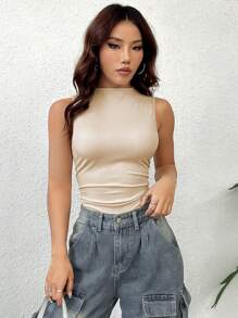 SHEIN Unity Bộ đồ liền thân không tay màu trơn tối giản thời trang dành cho nữ, mùa hè - Màu be - Xem 6