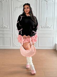 Lyrianda Autumn/Winter French Retro Bow Decor Cable Knit Crew Neck Sweater Knit Pullover Fall Outfit