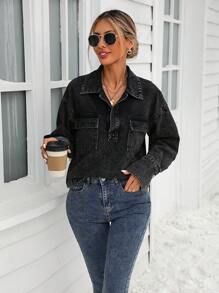 SHEIN LUNE Women's Autumn Dropped Shoulder Long Sleeve Button Half-Placket Cargo Pocket Denim Jacket