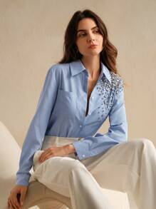 Anewsta Camicetta elegante da donna con strisce e decorata a mano con cristalli