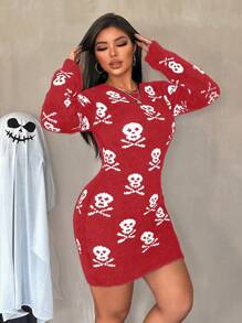 Zolique New Halloween Skull Pattern Bodycon Plush Crew Neck Long Sleeve Distressed Sweater Dress Fall Cloth For Women - Red - View 1