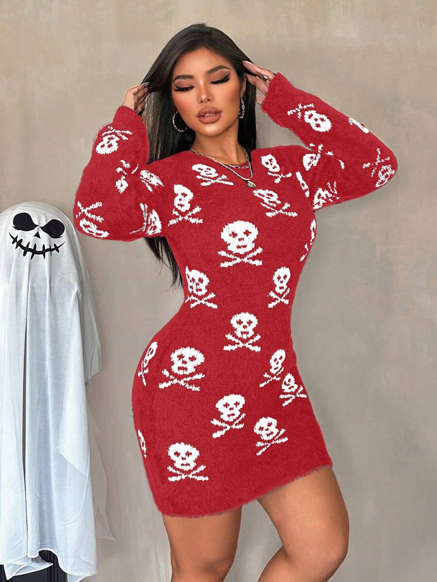 Zolique New Halloween Skull Pattern Bodycon Plush Crew Neck Long Sleeve Distressed Sweater Dress Fall Cloth For Women - Red - View 1