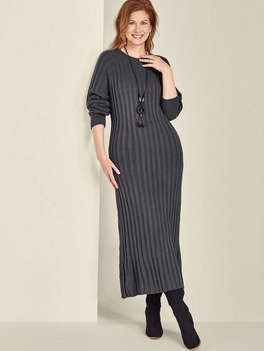 SHEIN Clasi Plus Size Round Neck Long Sleeve Simple Long Knit Sweater Dress, Casual For Daily Wear - Dark Grey - View 1